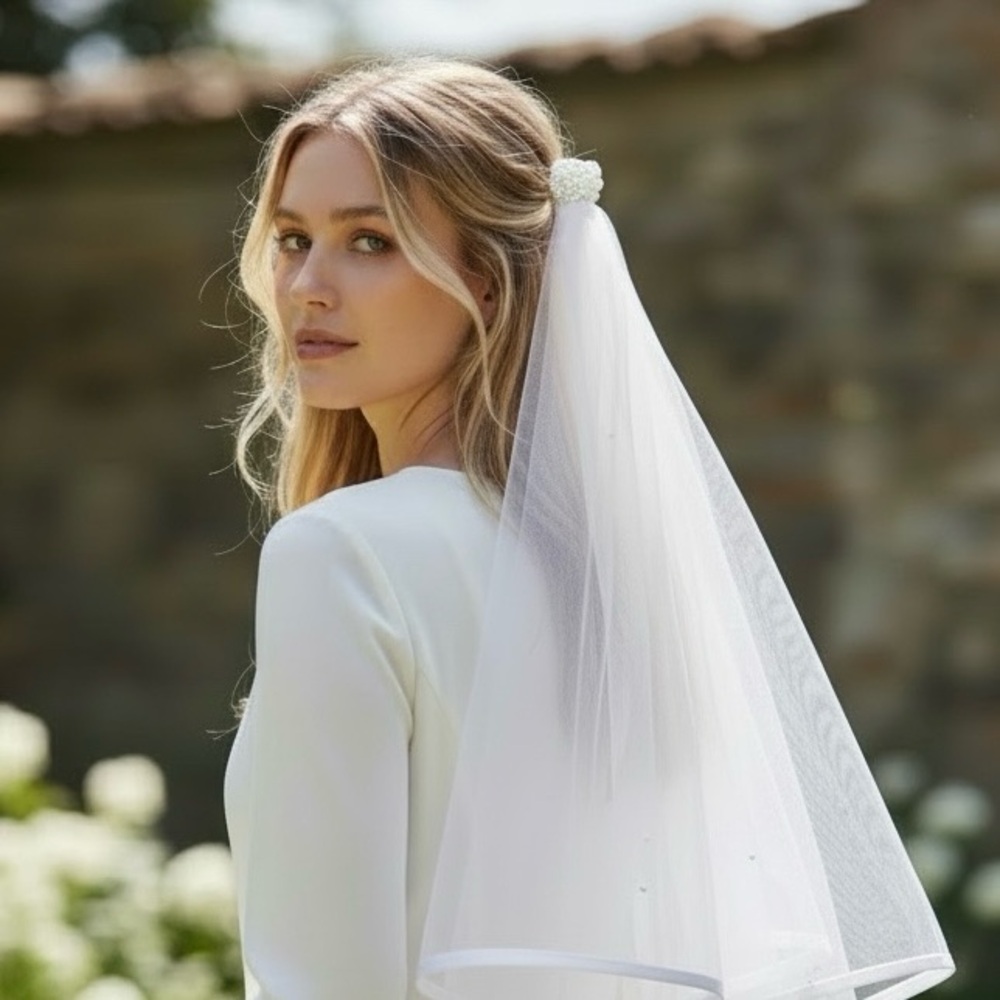 Wedding Veil White Pearls Satin Trim NEW